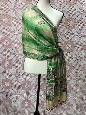 Vintage Green Ethnic Print Scarf w Beaded Fringe Boho
